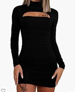 DAAWENXI Black Sexy Long Sleeve Cut Out Body-con Ruched Club Mini Dress Size M